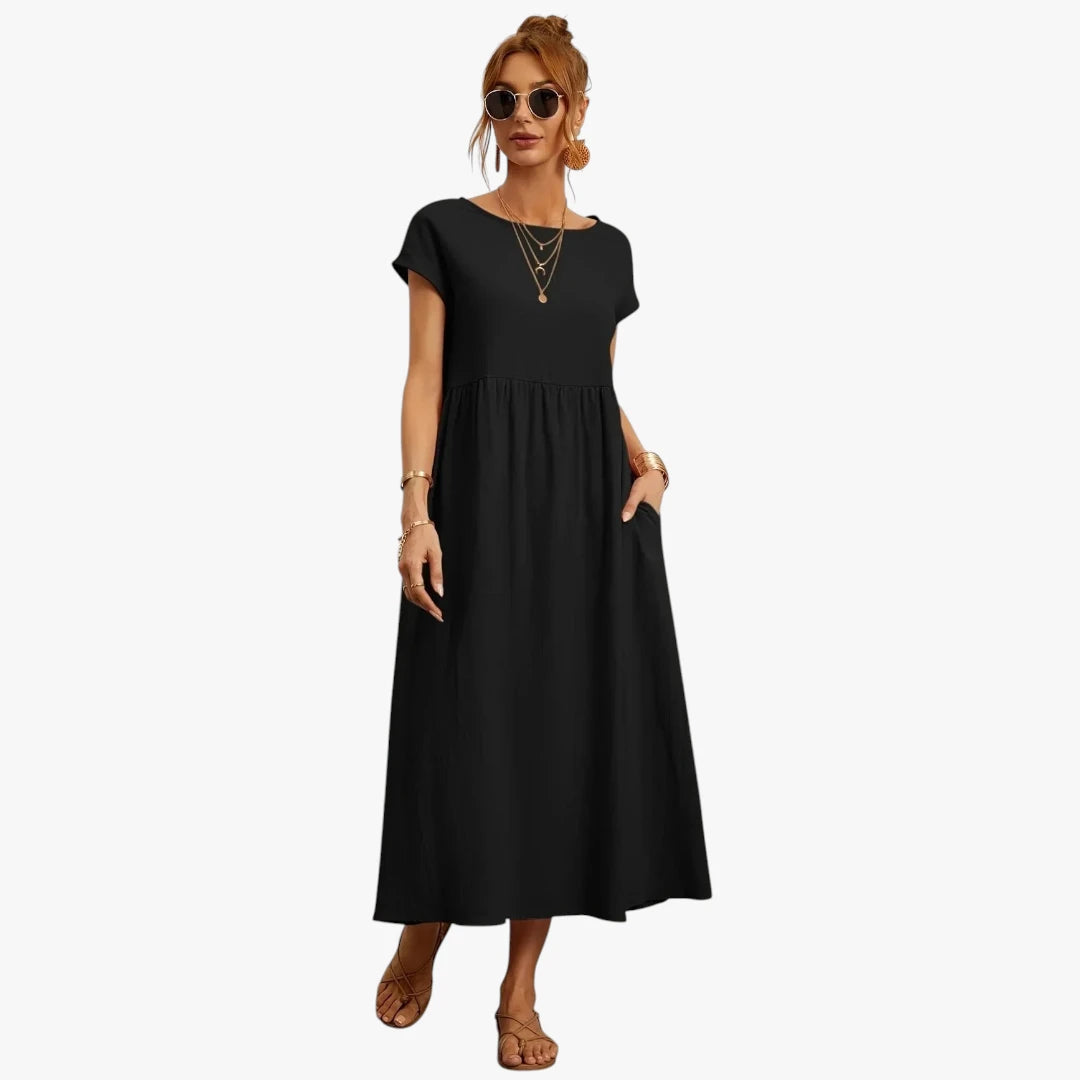 Dame Elegant Maxi Sommerkjole med Lommer og Rund Hals