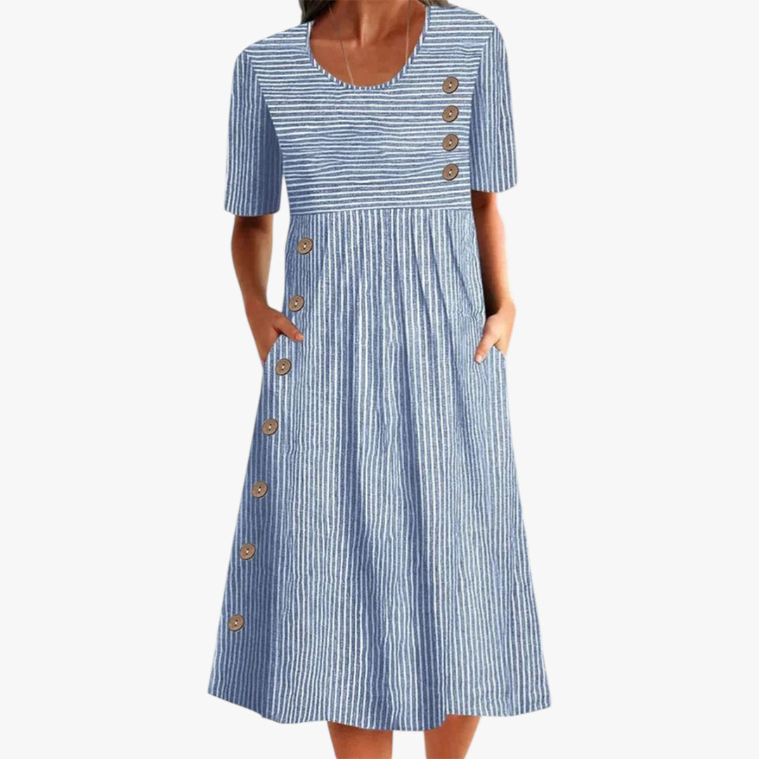 Dame Stribet Sommerkjole med Knapper | Midi