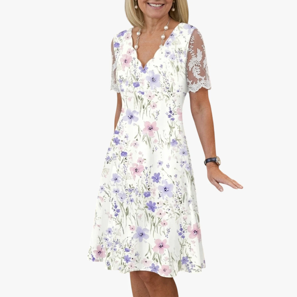 Dame Blomstret Midi Sommerkjole med Blonder