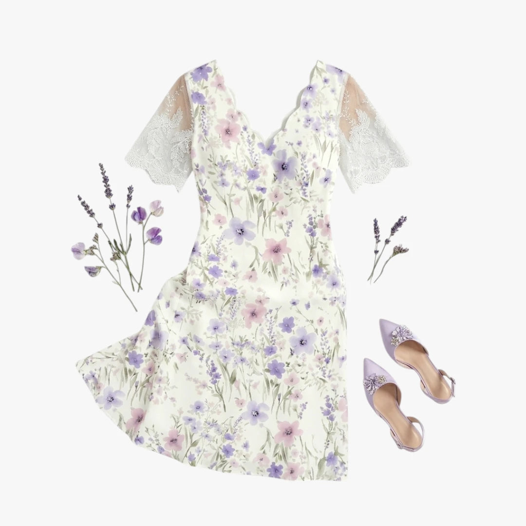 Dame Blomstret Midi Sommerkjole med Blonder