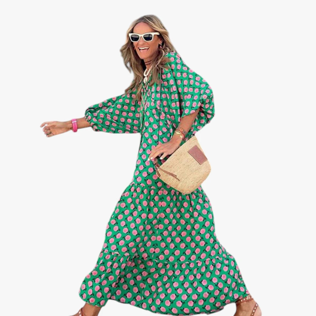 Dame Boheme Maxi Sommerkjole med Blomster og Pufærmer