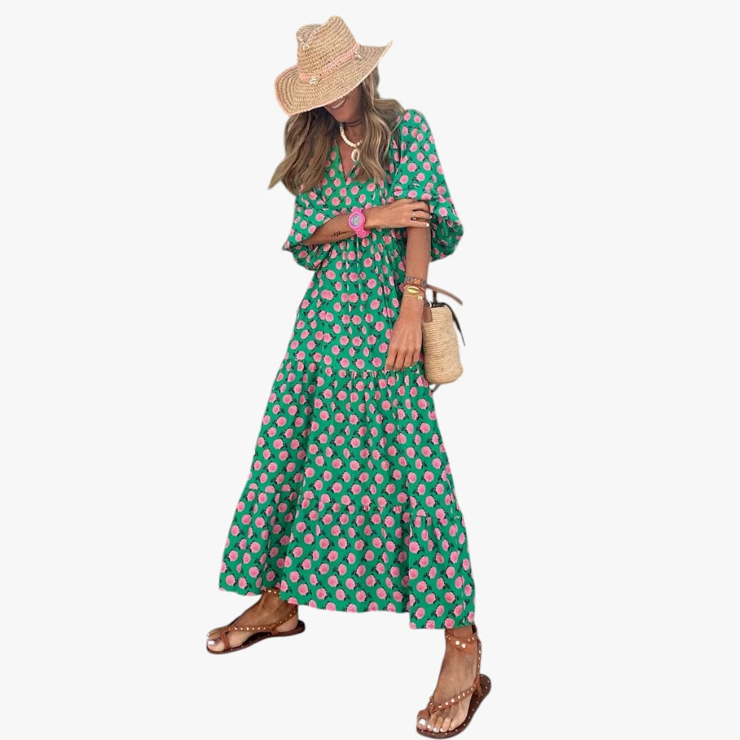 Dame Boheme Maxi Sommerkjole med Blomster og Pufærmer
