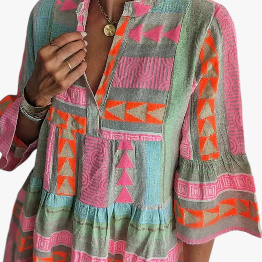 Dame Boho Mini Sommerkjole med Flæser og V-udskæring