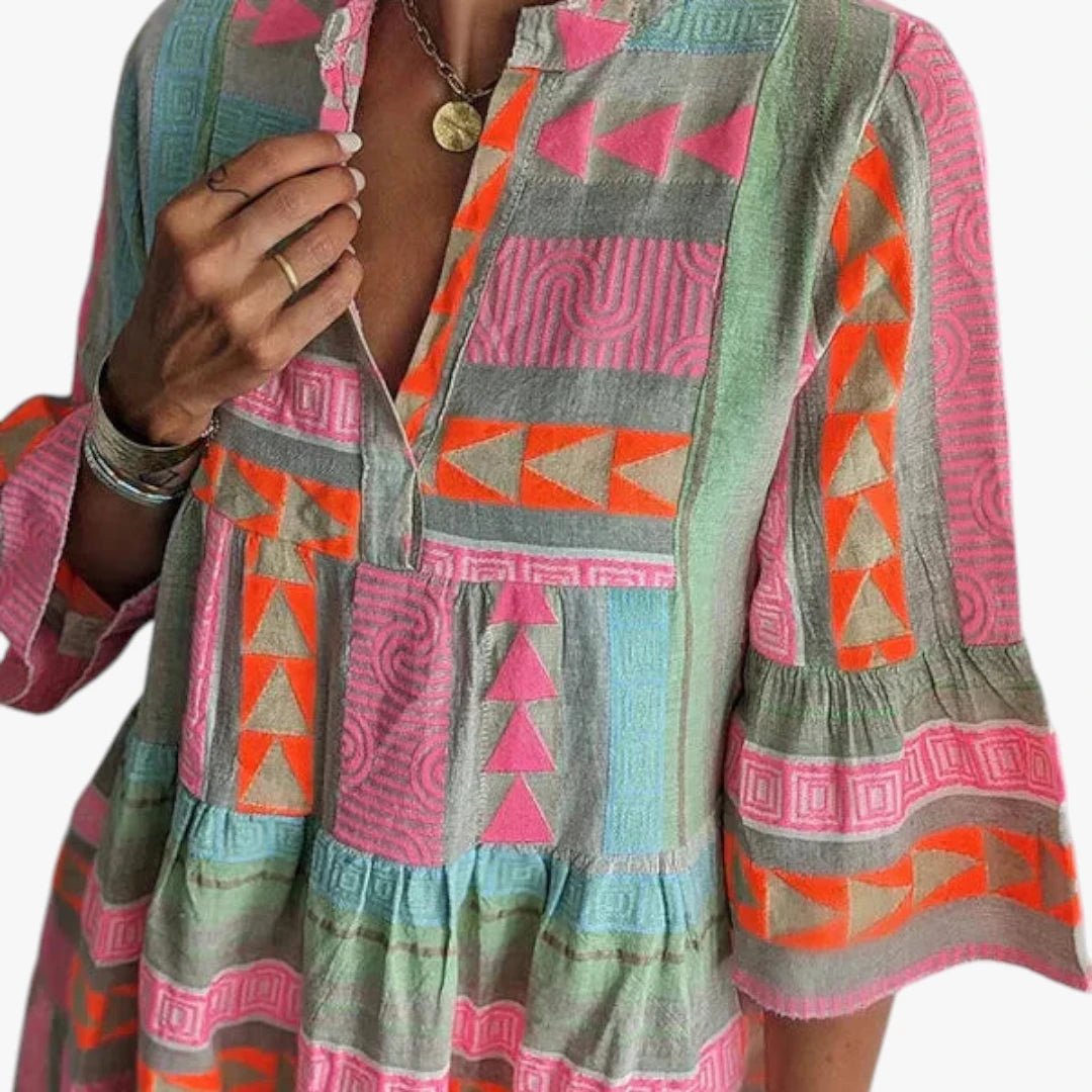 Dame Boho Mini Sommerkjole med Flæser og V-udskæring