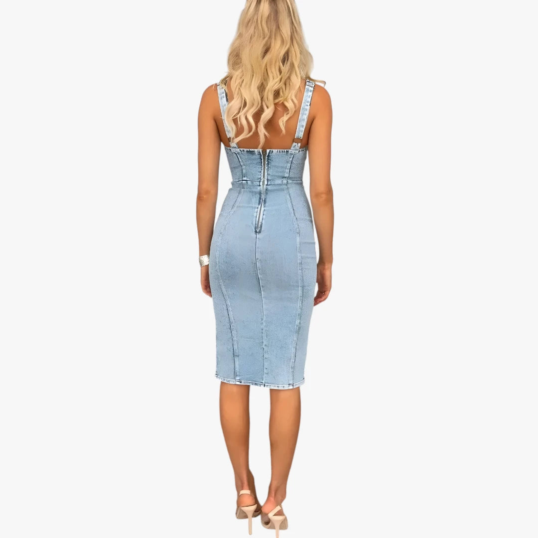 Dame Bodycon Denim kjole med Korset og Knapper