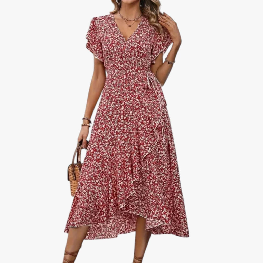 Dame Blomstret Midi Sommerkjole med Flæser