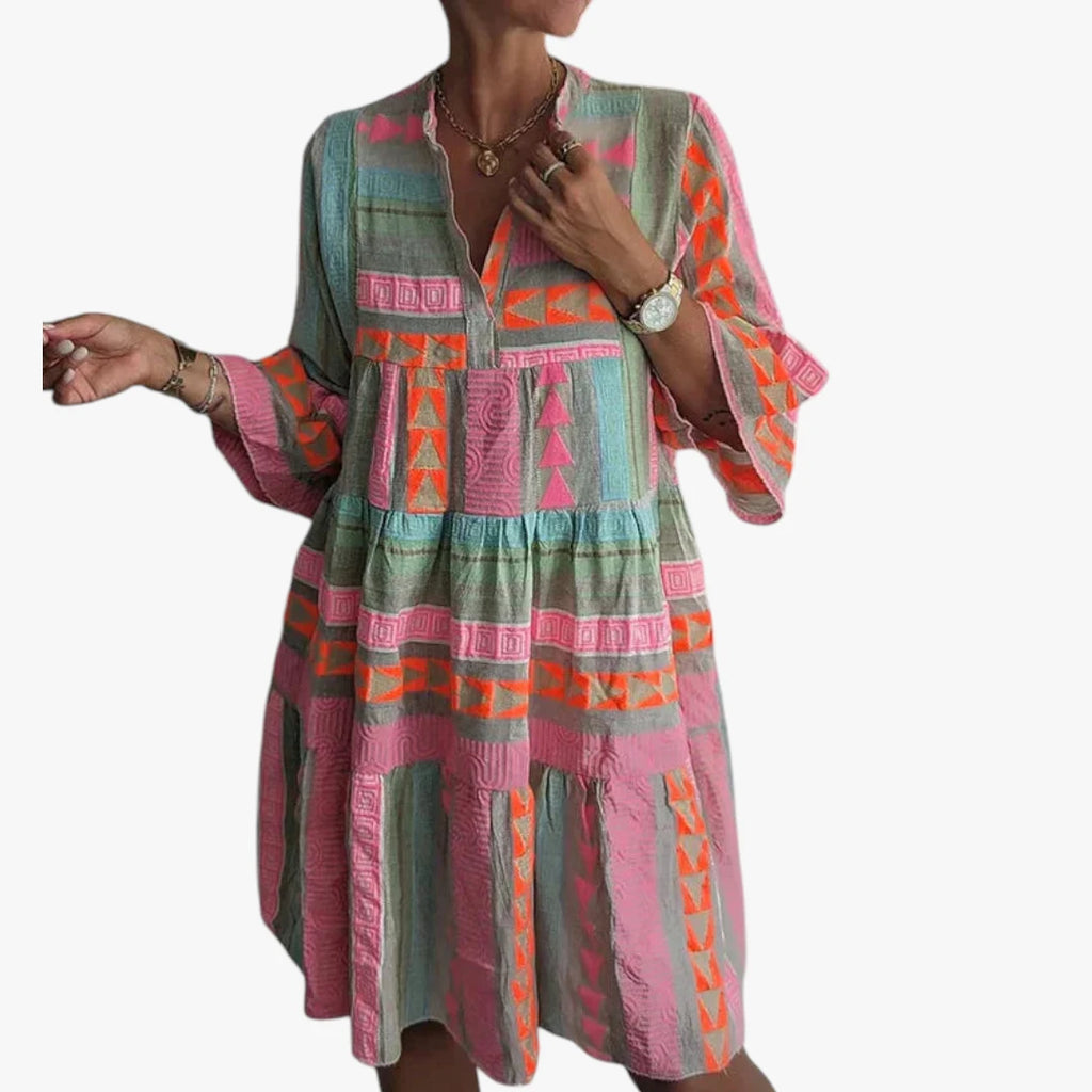 Dame Boho Mini Sommerkjole med Flæser og V-udskæring