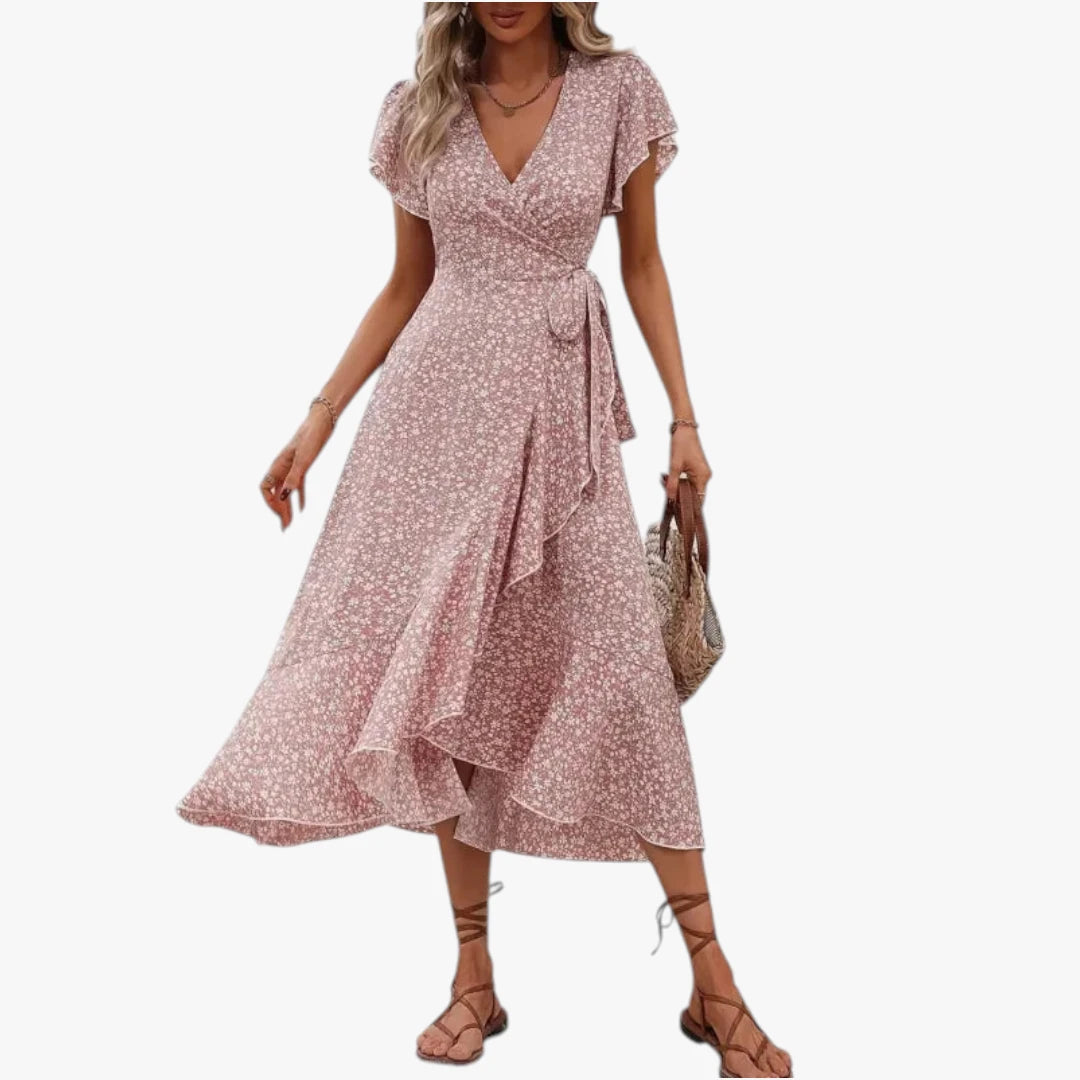 Dame Blomstret Midi Sommerkjole med Flæser