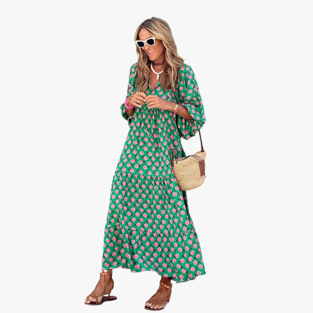 Dame Boheme Maxi Sommerkjole med Blomster og Pufærmer