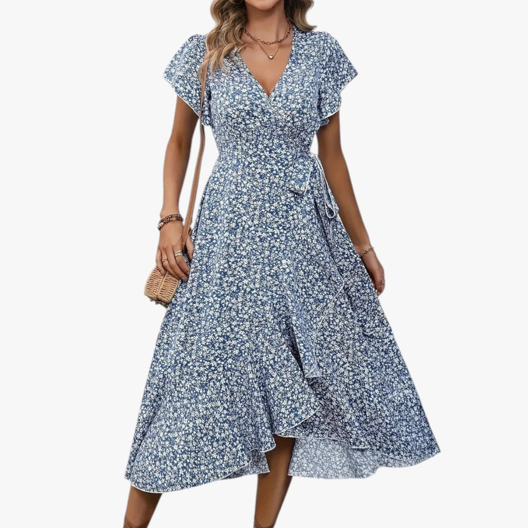 Dame Blomstret Midi Sommerkjole med Flæser