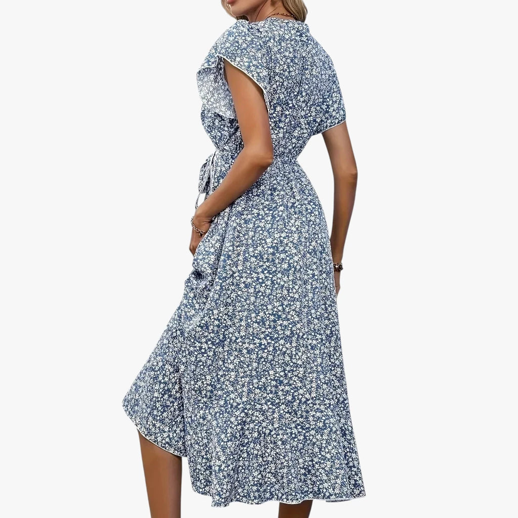 Dame Blomstret Midi Sommerkjole med Flæser