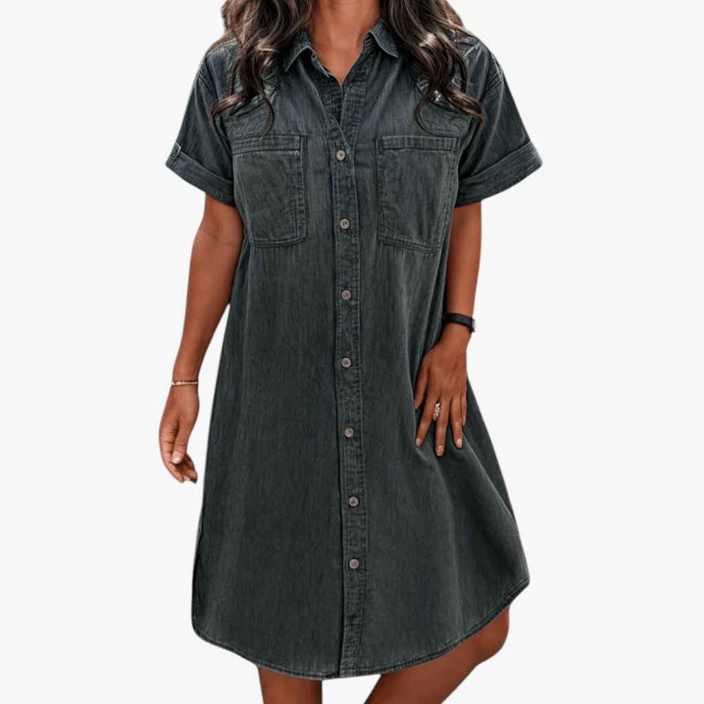 Dame Sommer Midi Denimkjole med Knapper og Kort Snit