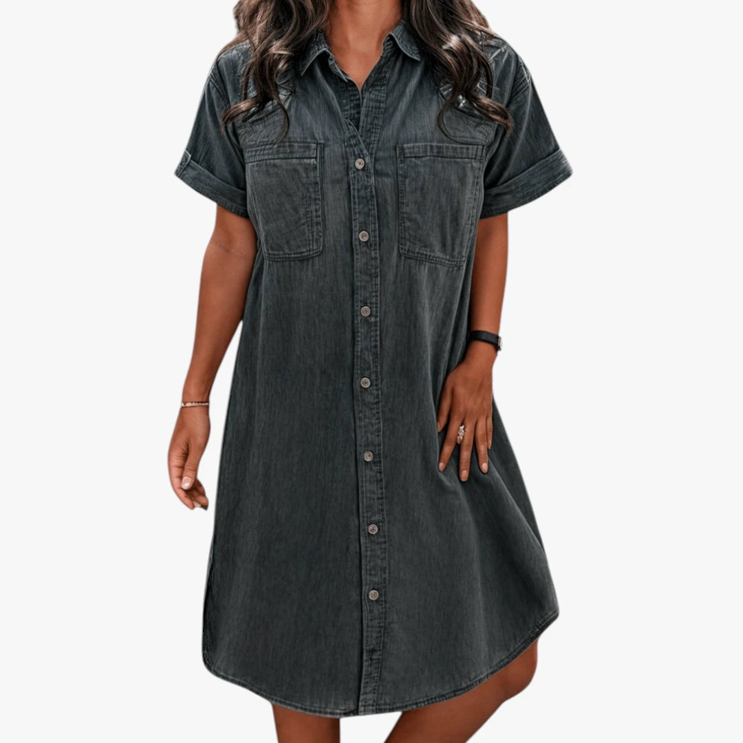 Dame Sommer Midi Denimkjole med Knapper og Kort Snit