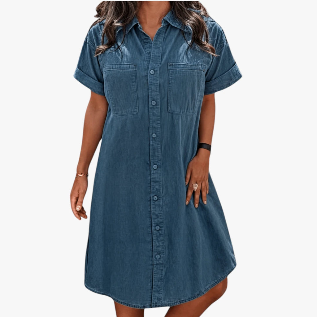 Dame Sommer Midi Denimkjole med Knapper og Kort Snit