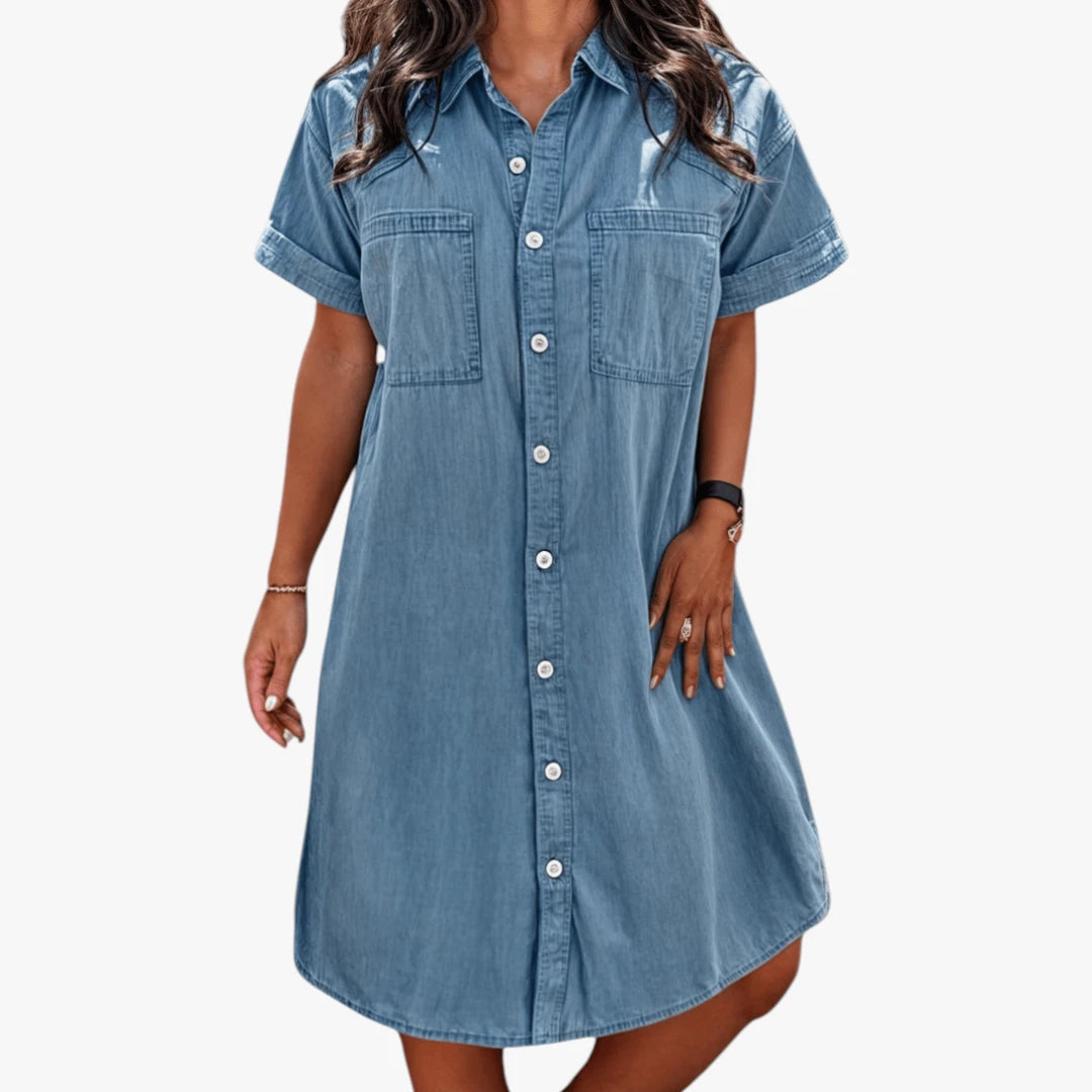 Dame Sommer Midi Denimkjole med Knapper og Kort Snit