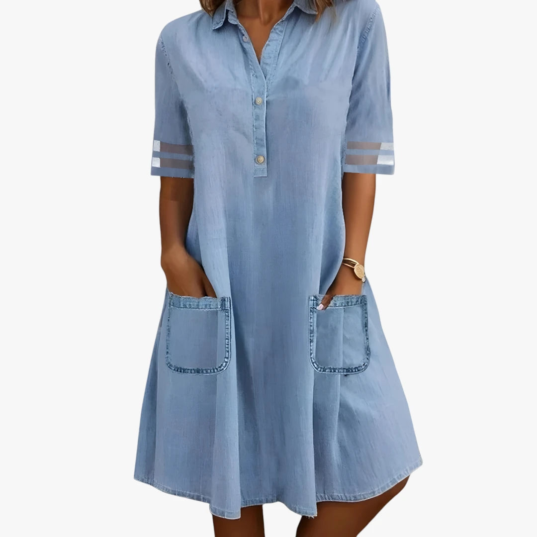 Dame Mini Denim kjole med Knapper og Lommer