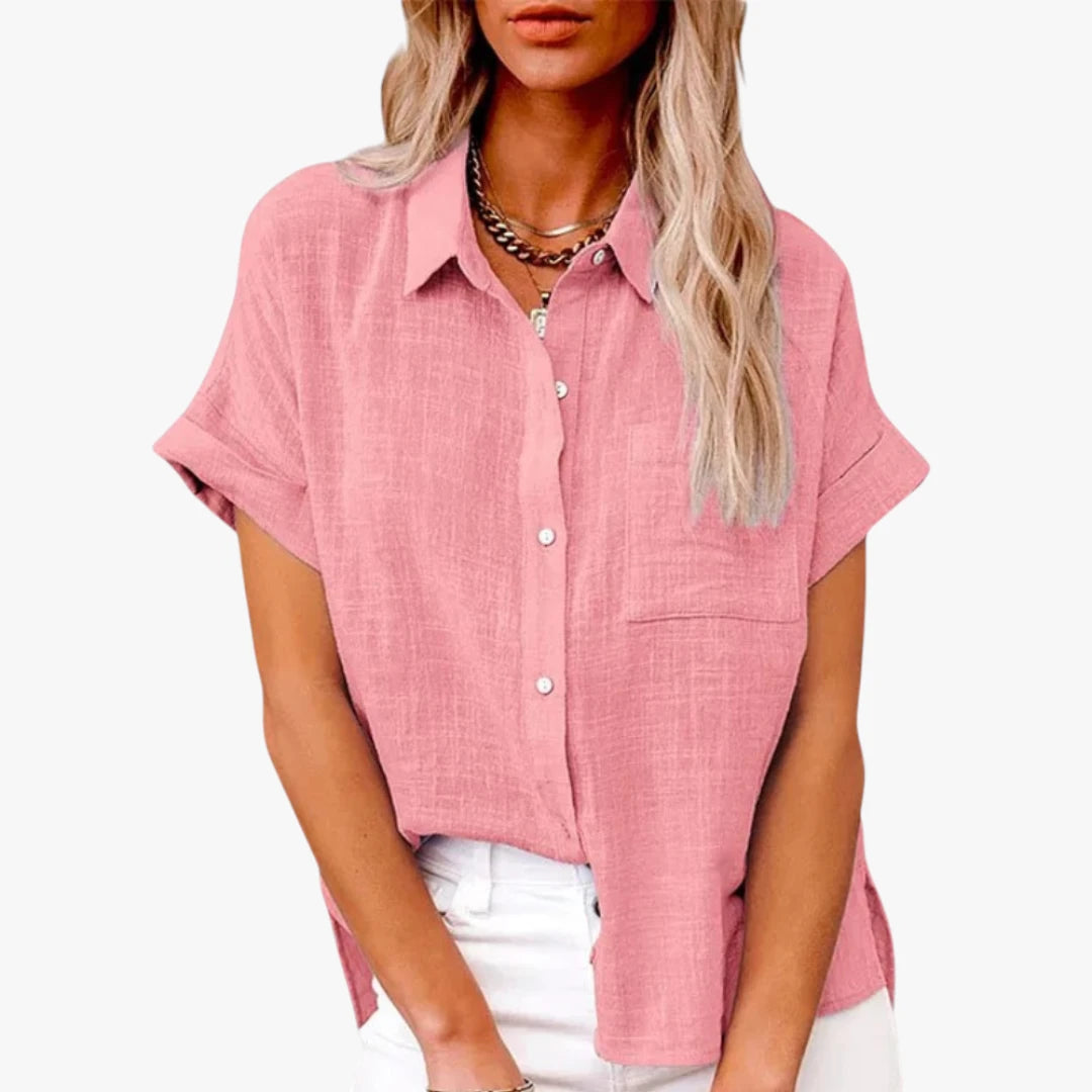 Dame Oversize Skjortebluse med Kortærmet og Knapper