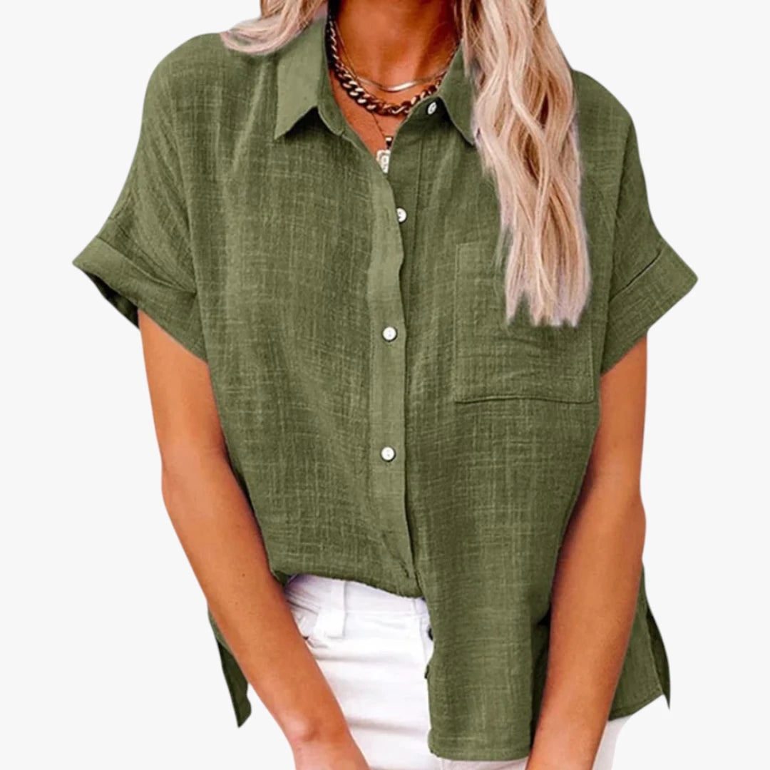 Dame Oversize Skjortebluse med Kortærmet og Knapper