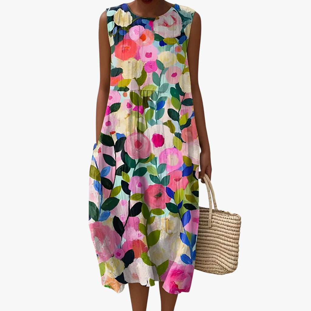 Dame Blomstret Midi Sommerkjole med Uden Ærmer