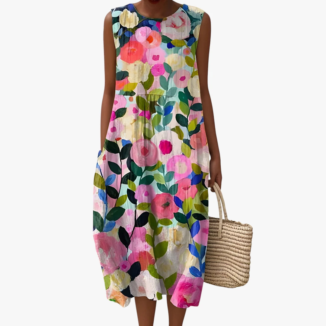 Dame Blomstret Midi Sommerkjole med Uden Ærmer