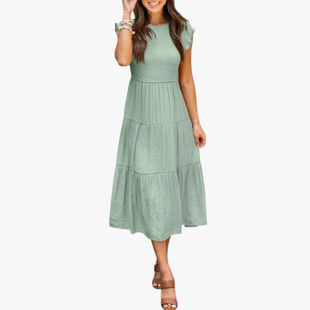 Dame Elegant Midi Sommerkjole med Smock og Flæser