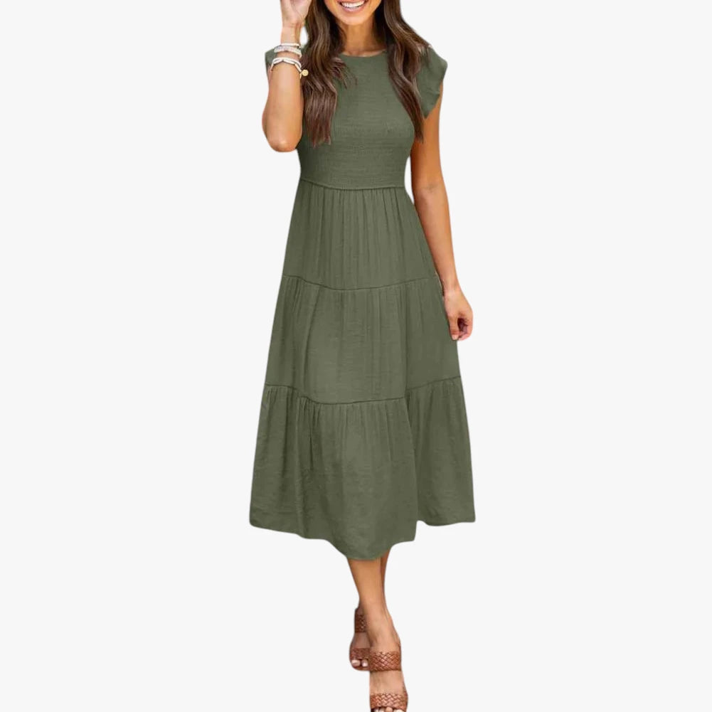 Dame Elegant Midi Sommerkjole med Smock og Flæser