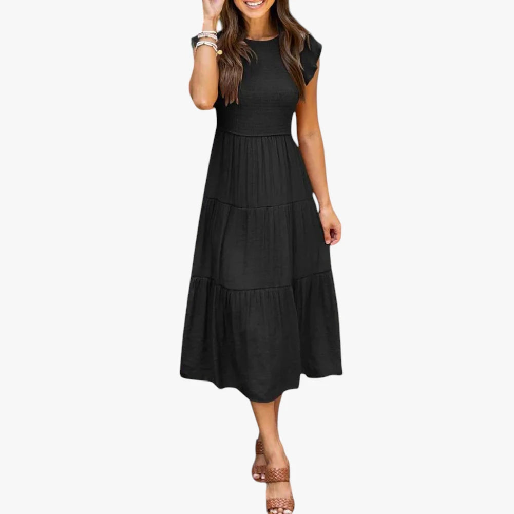 Dame Elegant Midi Sommerkjole med Smock og Flæser