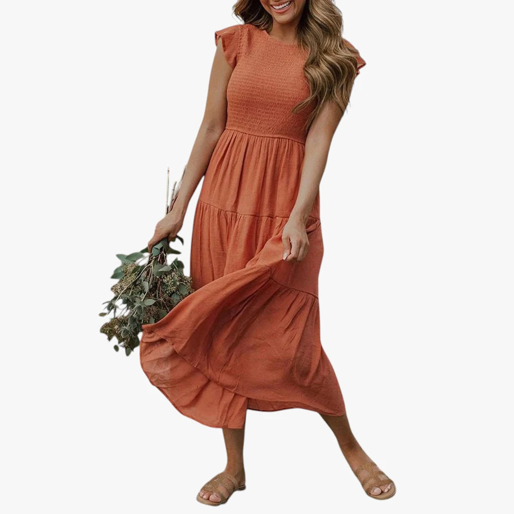 Dame Elegant Midi Sommerkjole med Smock og Flæser