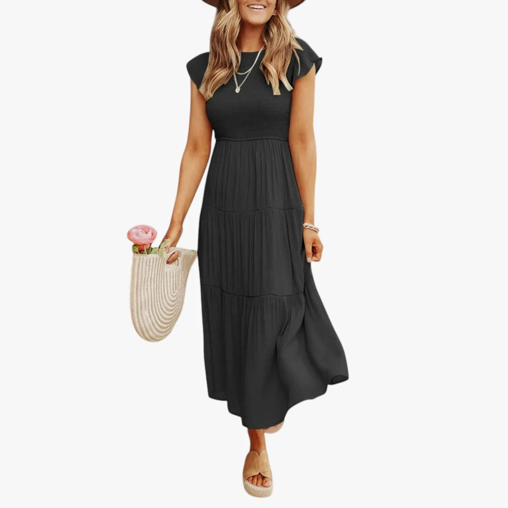 Dame Elegant Midi Sommerkjole med Smock og Flæser