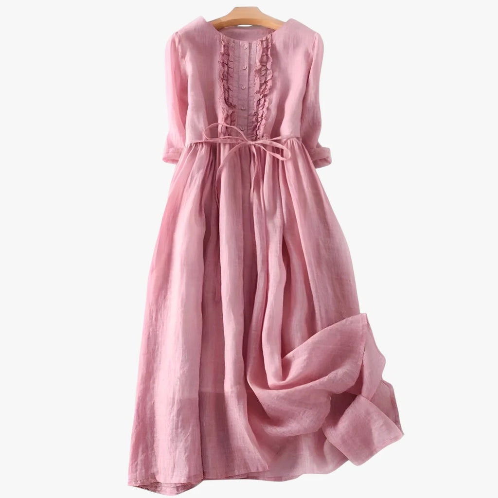 Dame Vintage Midi Sommerkjole med Knapper og Flæser