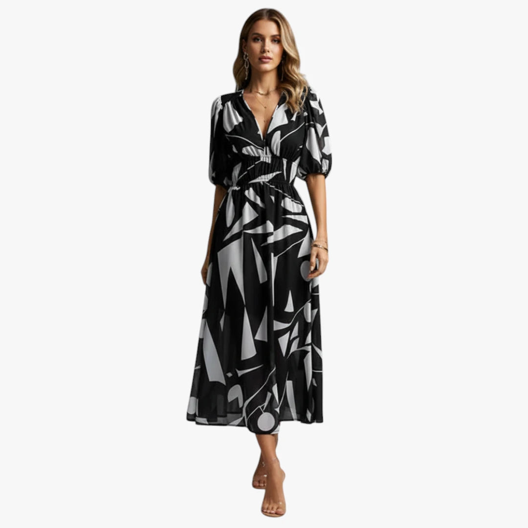 Dame Boho Midi Sommerkjole med V-udskæring og Mønster