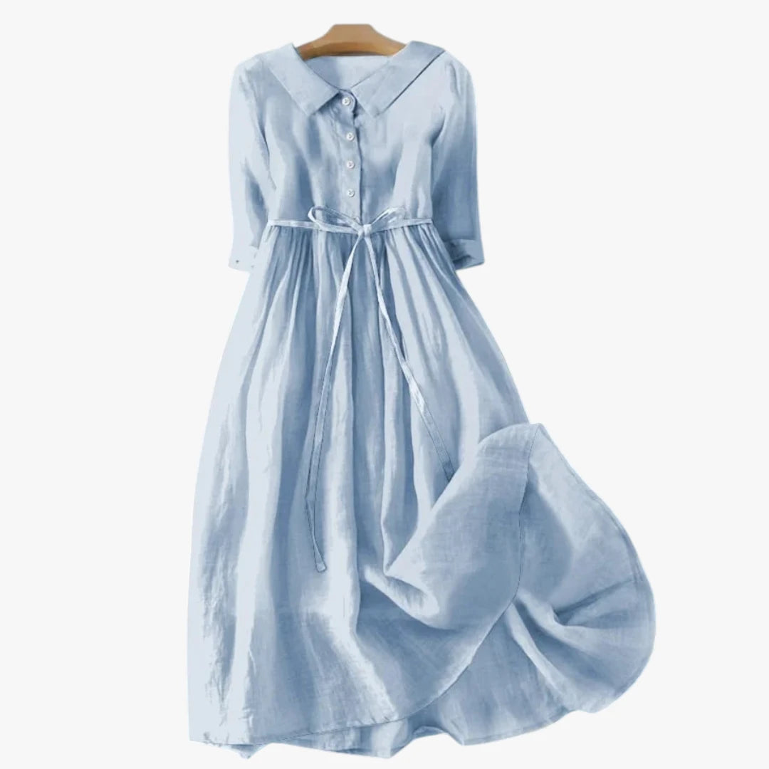 Dame Elegant Midi Sommerkjole med Knapper og Bindebånd