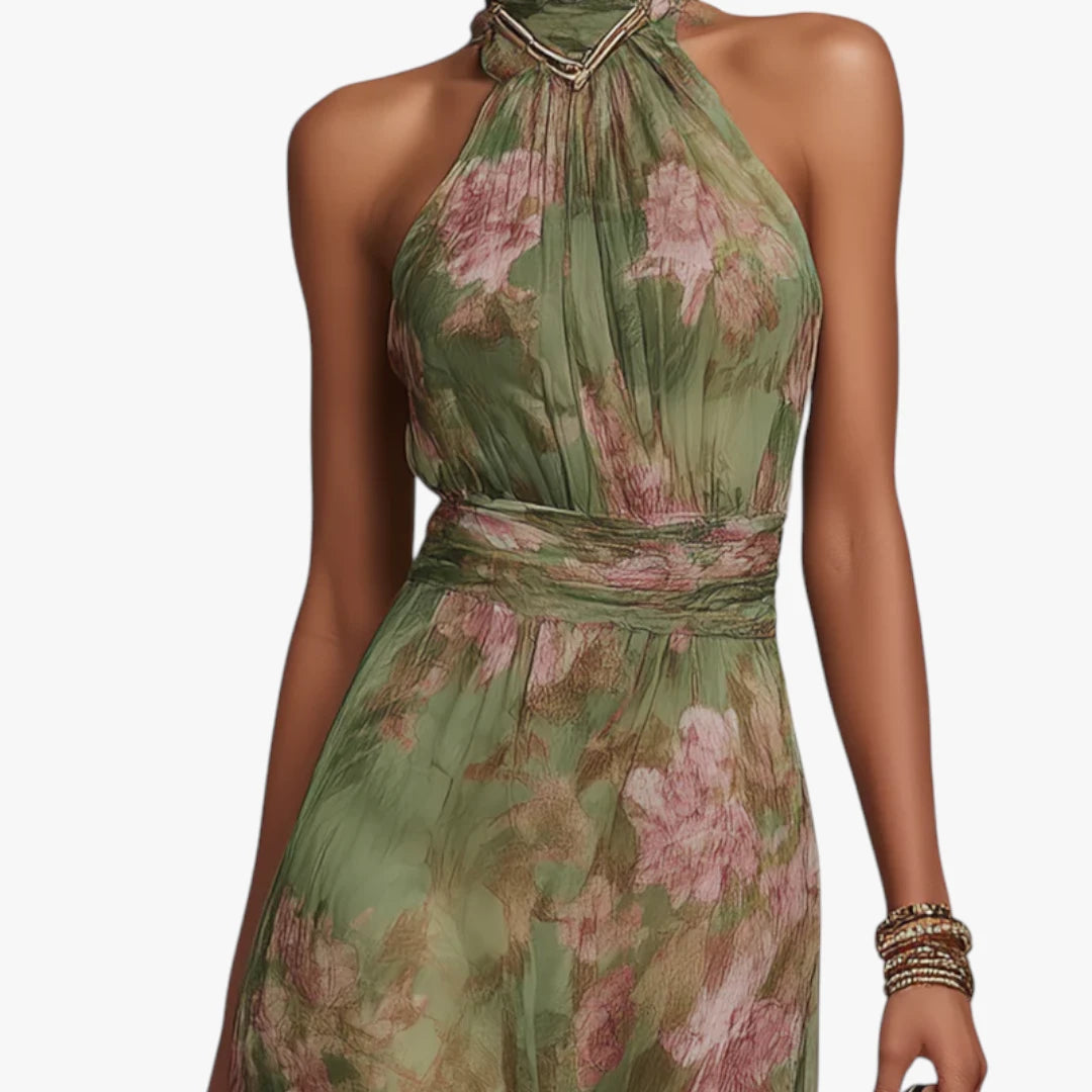 Dame Blomstret Maxi Sommerkjole med Halterneck