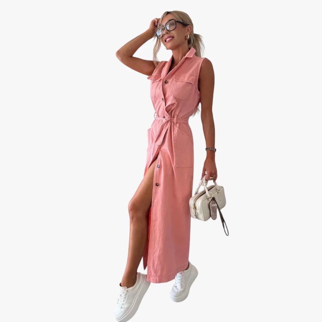Dame Sommer Maxi Denimkjole med Knapper og Bindebånd