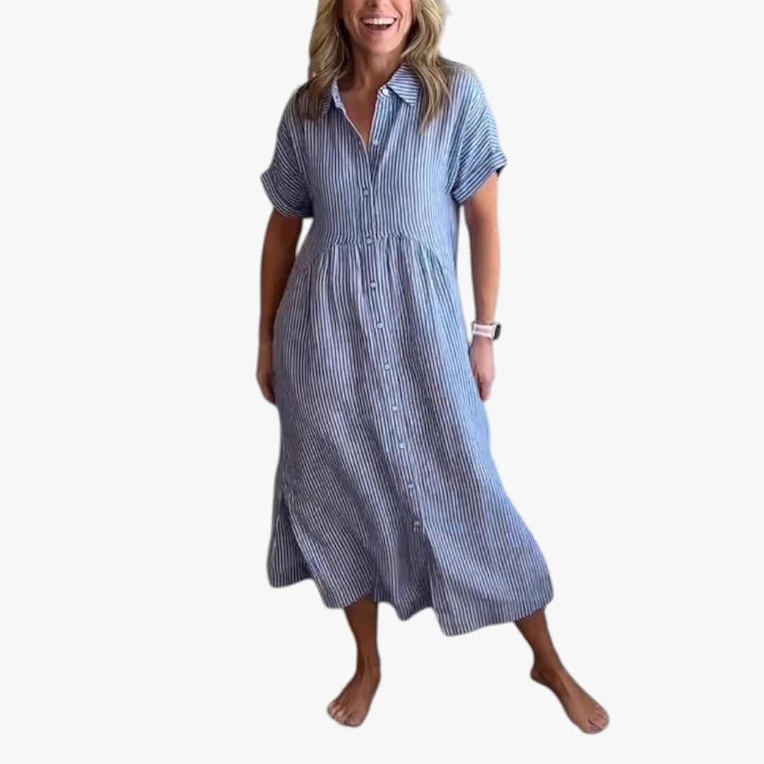 Dame Stribet Midi Sommerkjole med Knapper