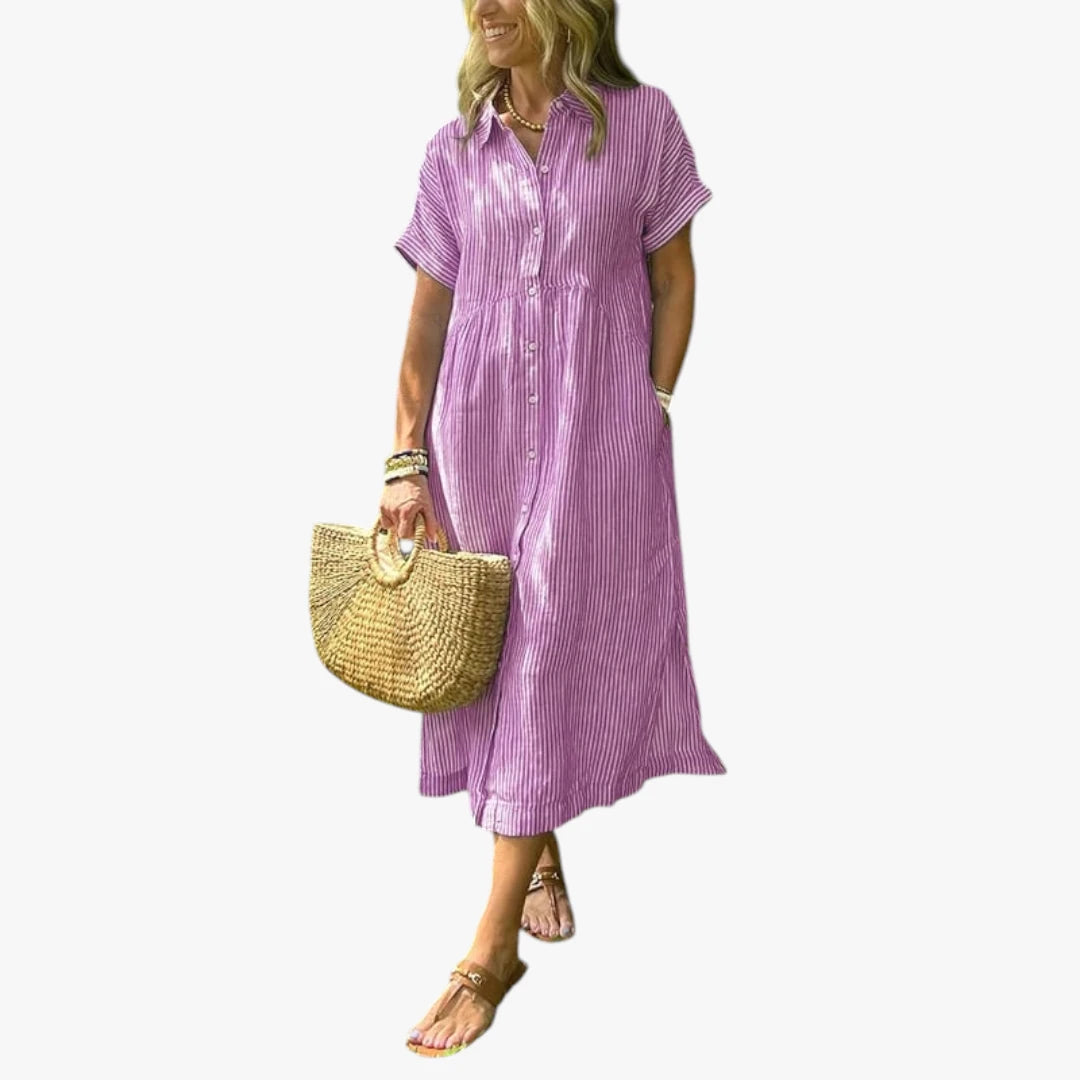 Dame Stribet Midi Sommerkjole med Knapper
