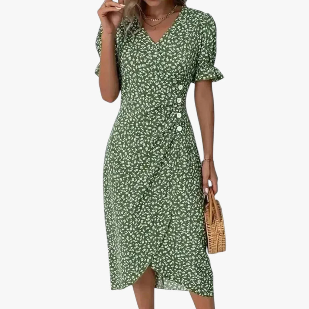 Dame Blomstret Midi Sommerkjole med Knapper og Pufærmer