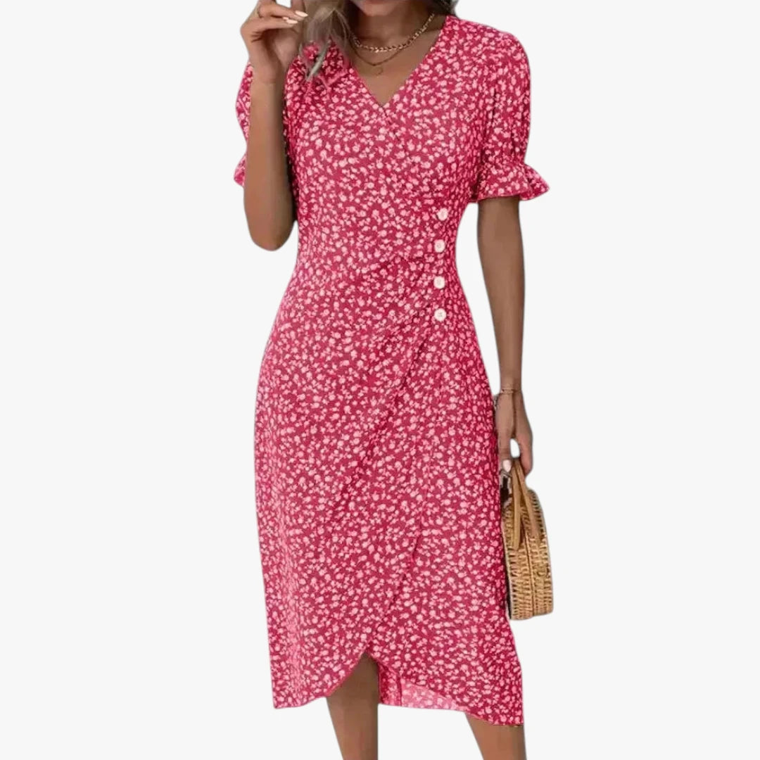 Dame Blomstret Midi Sommerkjole med Knapper og Pufærmer