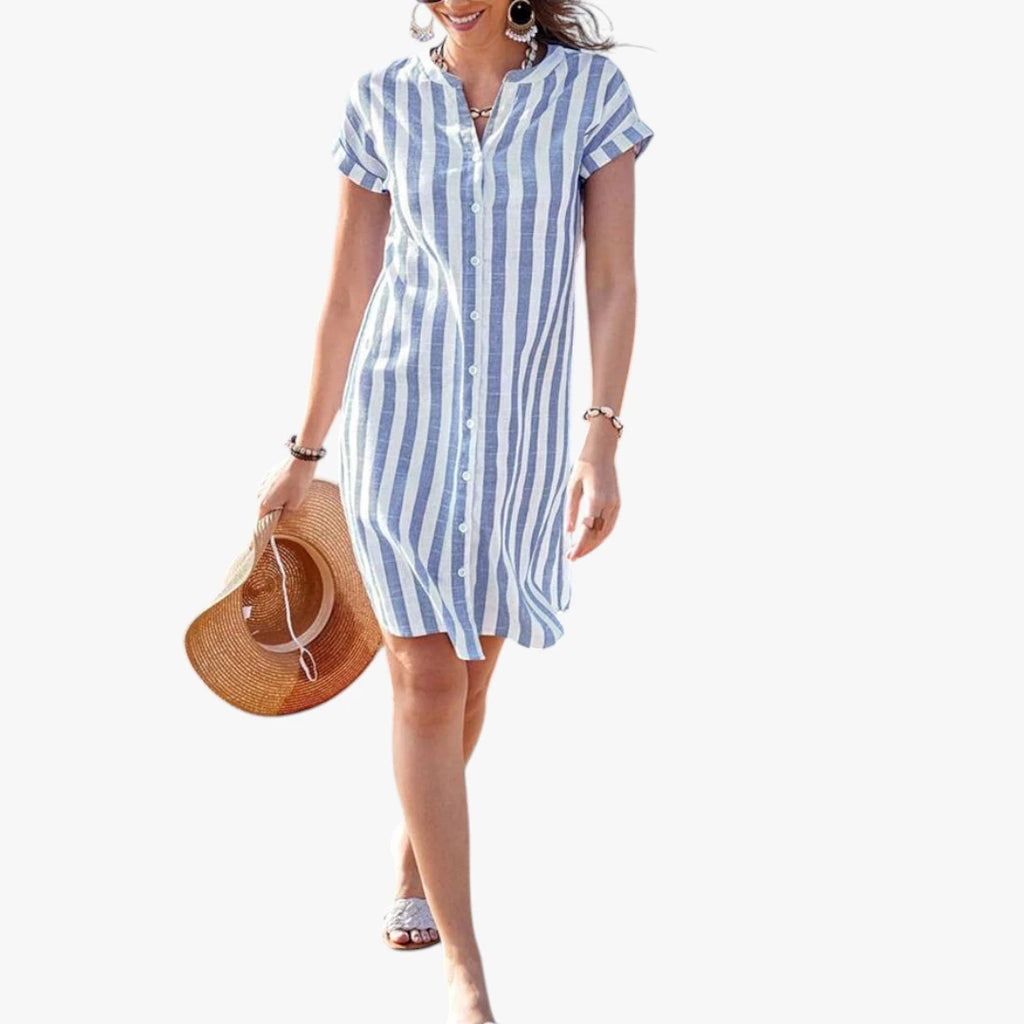Dame Stribet Mini Sommerkjole med Knapper