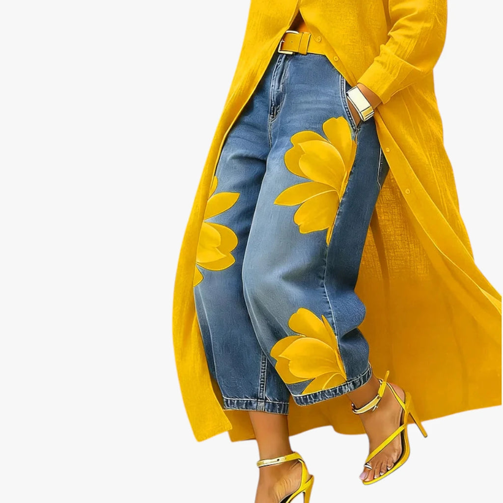 Dame Boho Maxi Skjortekjole med Blomstret Jeans