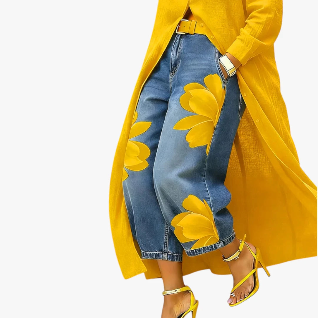Dame Boho Maxi Skjortekjole med Blomstret Jeans
