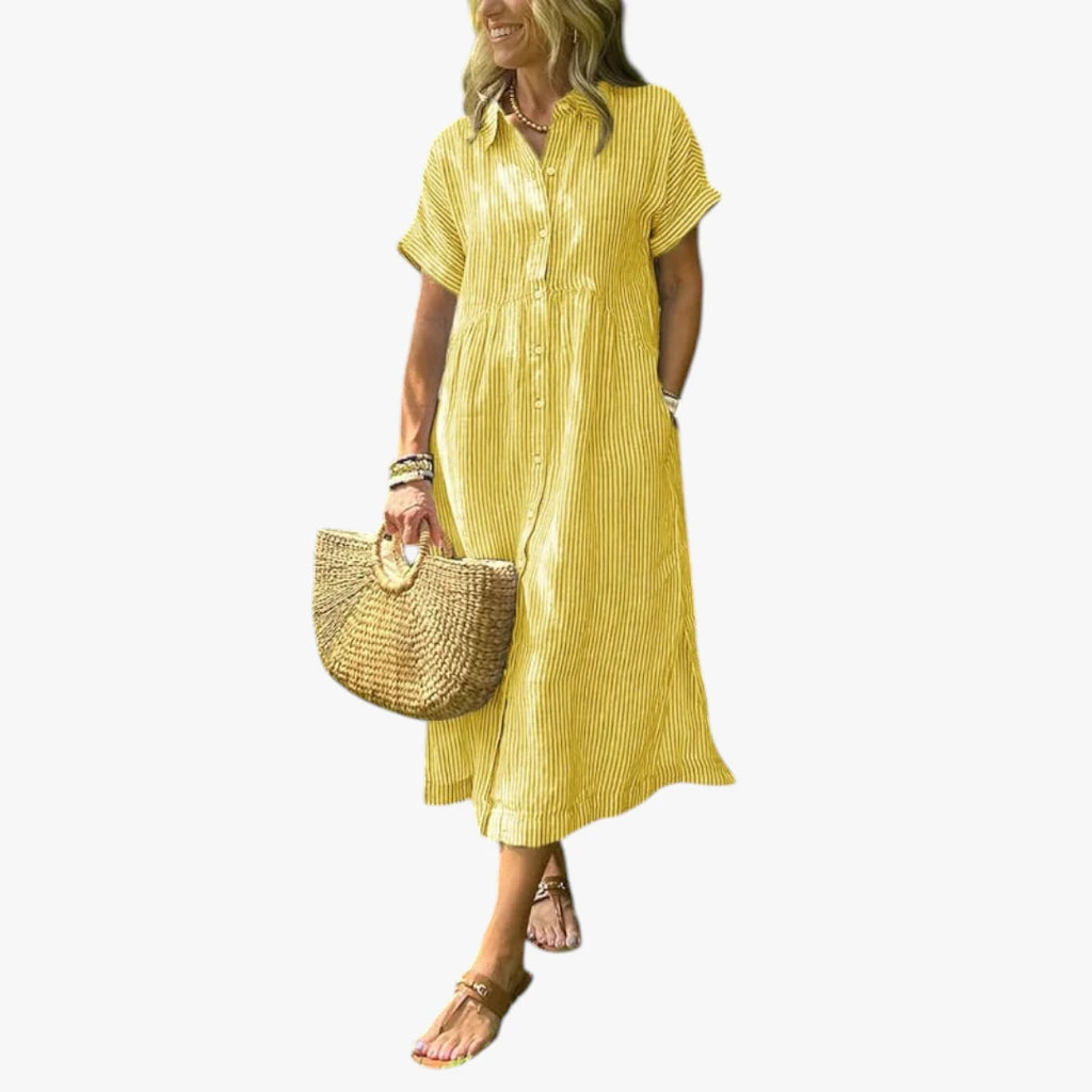 Dame Stribet Midi Sommerkjole med Knapper