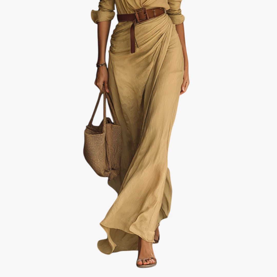 Dame Elegant Maxi Skjortekjole med Knapper og Lange Ærmer