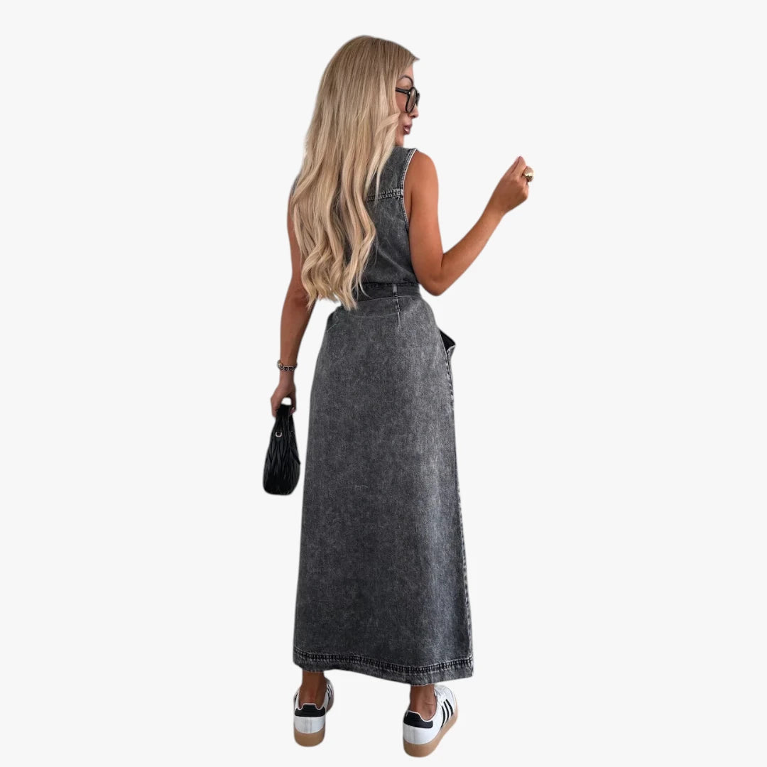 Dame Sommer Maxi Denimkjole med Knapper og Bindebånd