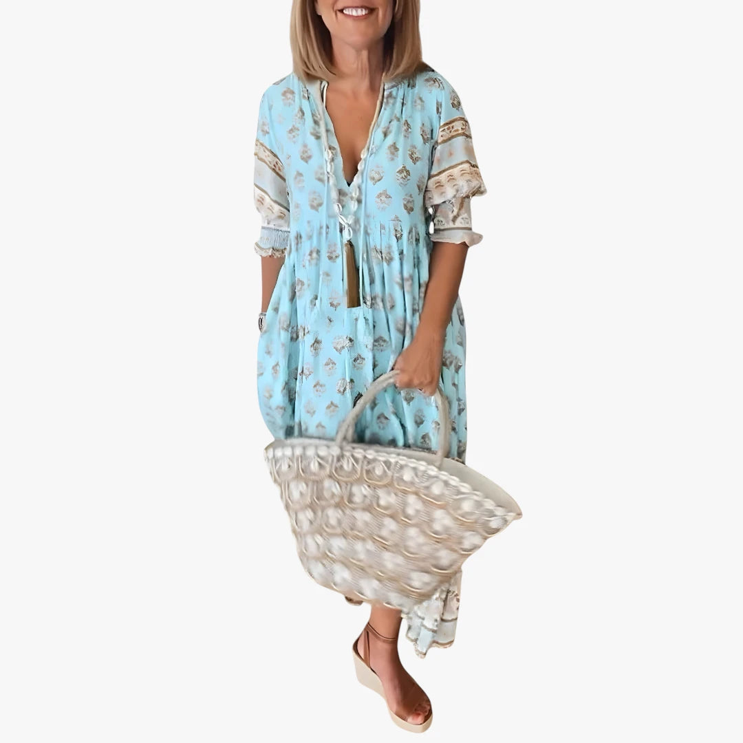 Dame Boho Midi Sommerkjole med V-udskæring