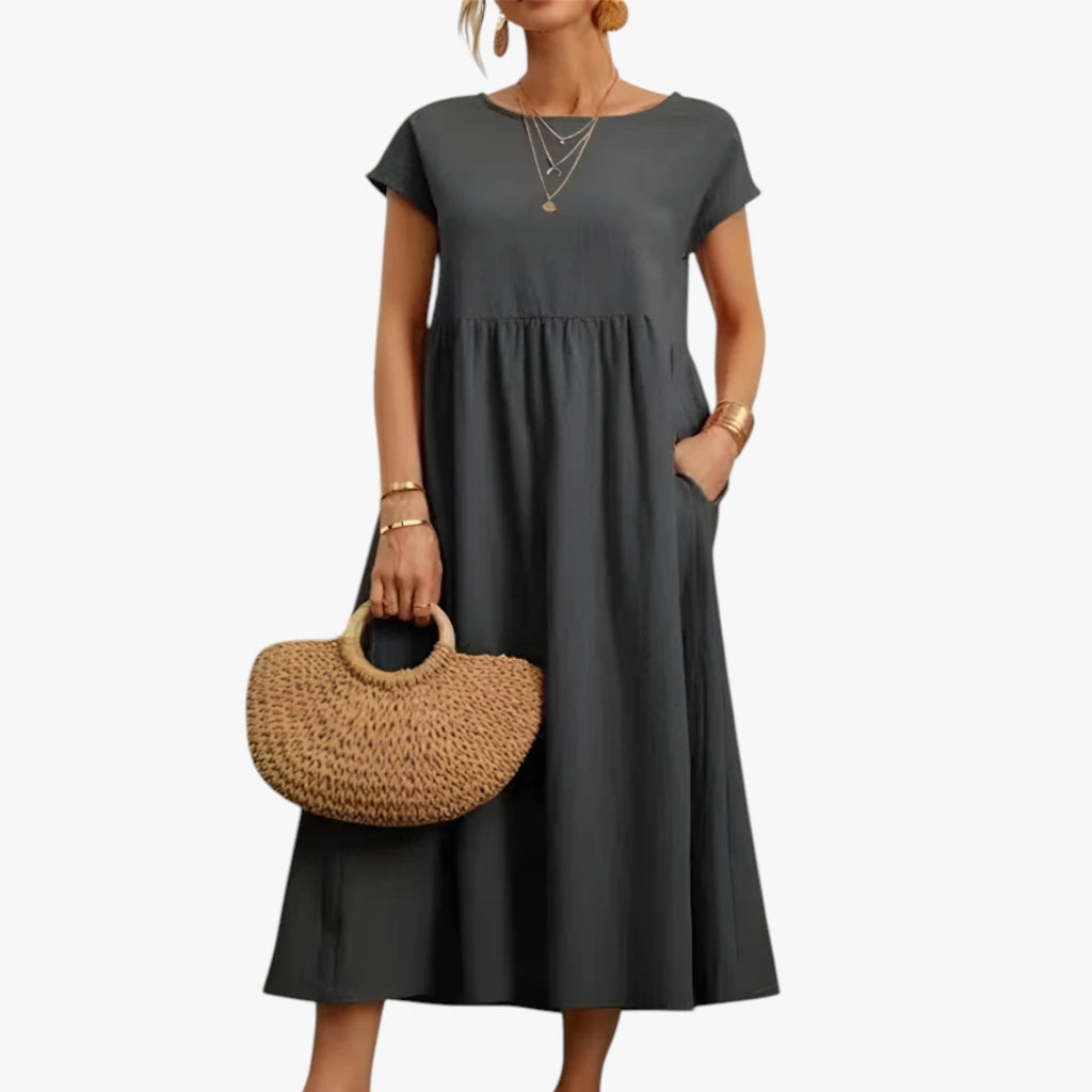 Dame Elegant Maxi Sommerkjole med Lommer og Rund Hals