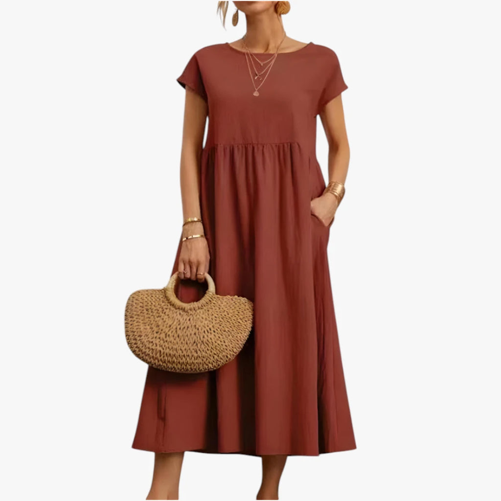 Dame Elegant Maxi Sommerkjole med Lommer og Rund Hals