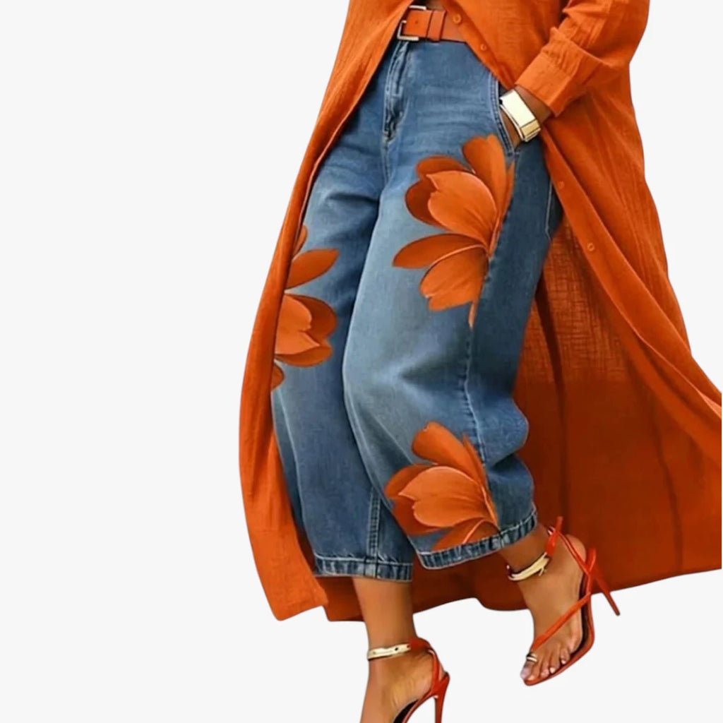 Dame Boho Maxi Skjortekjole med Blomstret Jeans