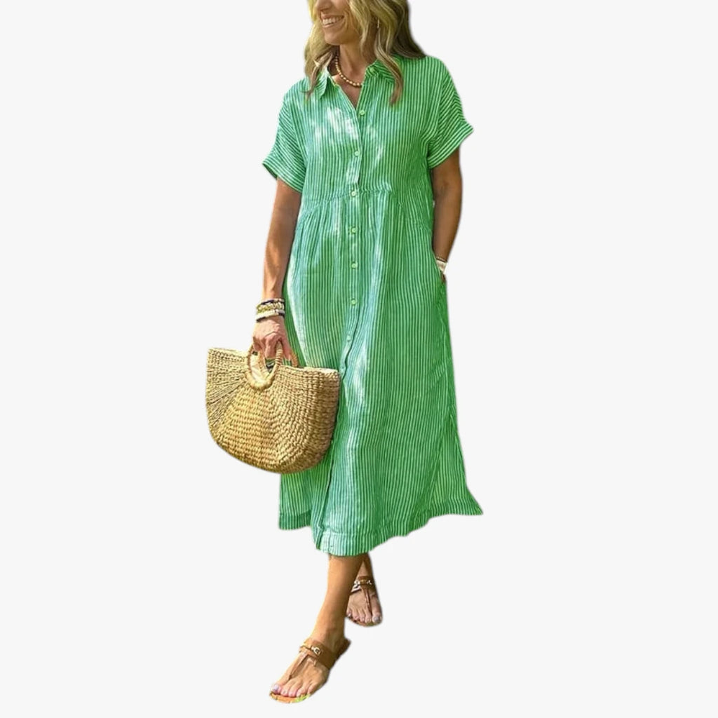 Dame Stribet Midi Sommerkjole med Knapper