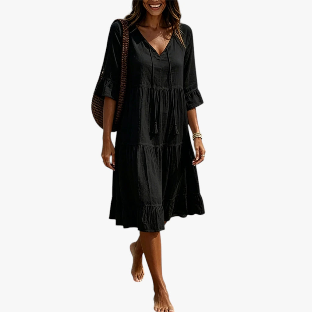 Dame Boho Midi Sommerkjole med Flæser
